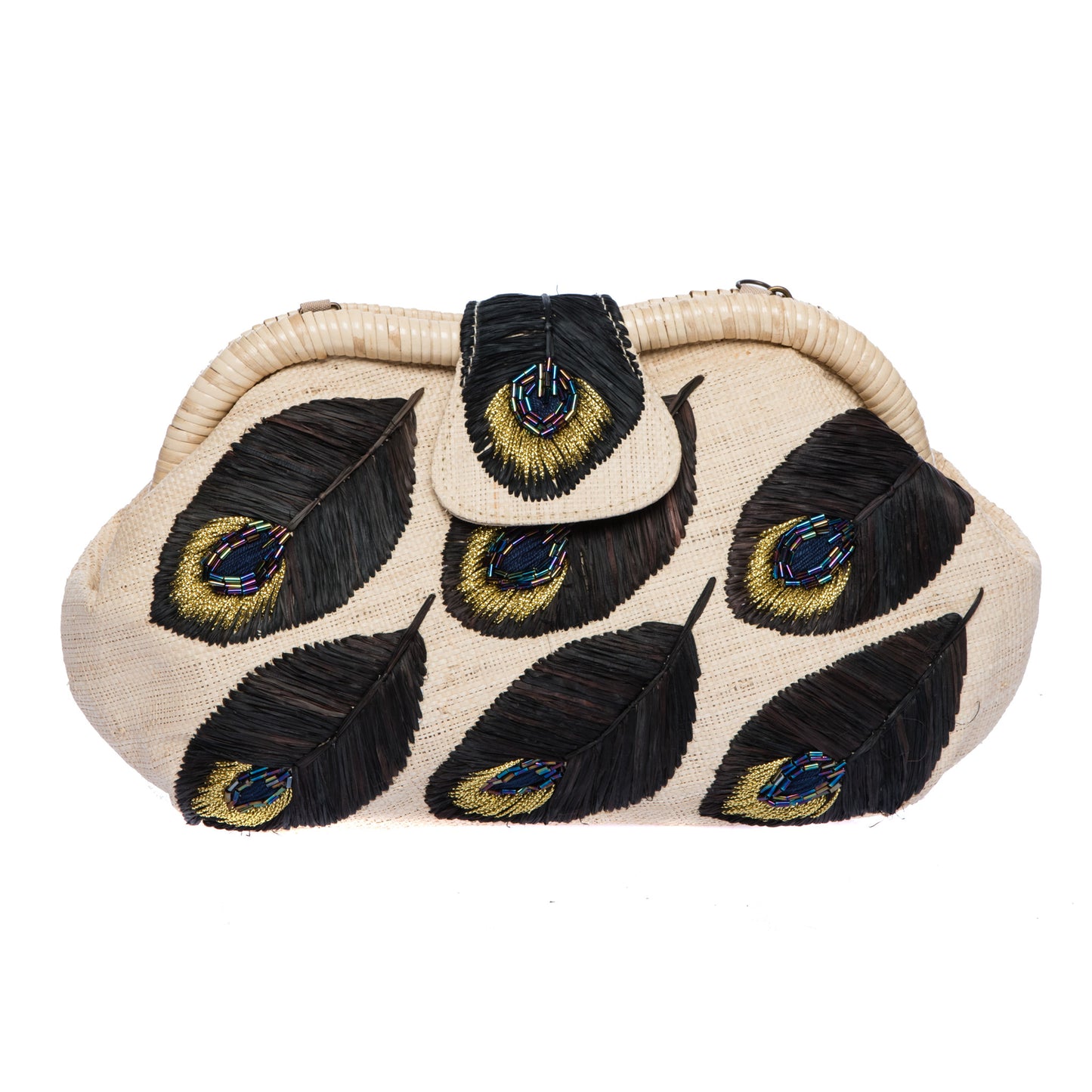 Peacock Feathers Signature Larone Purse, handwoven rattan frame with hand-embroidered raffia, cord, and seed beads, featuring a removable leather strap for versatile styling.