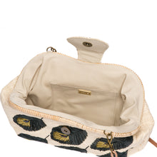 Load image into Gallery viewer, Peacock Feathers Signature Larone Purse, handwoven rattan frame with hand-embroidered raffia, cord, and seed beads, featuring a removable leather strap for versatile styling.
