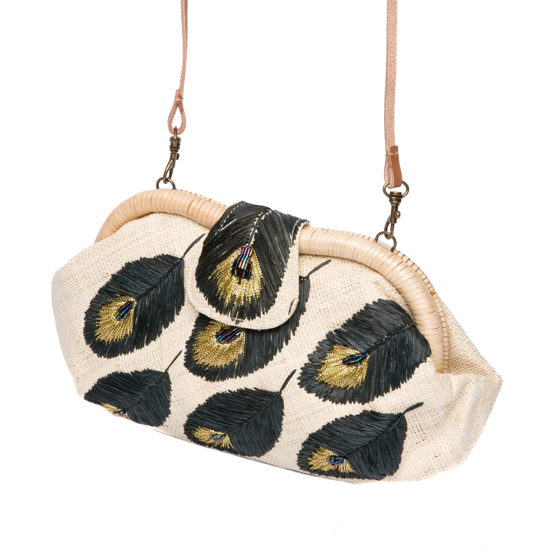 Peacock Feathers Signature Larone Purse, handwoven rattan frame with hand-embroidered raffia, cord, and seed beads, featuring a removable leather strap for versatile styling.
