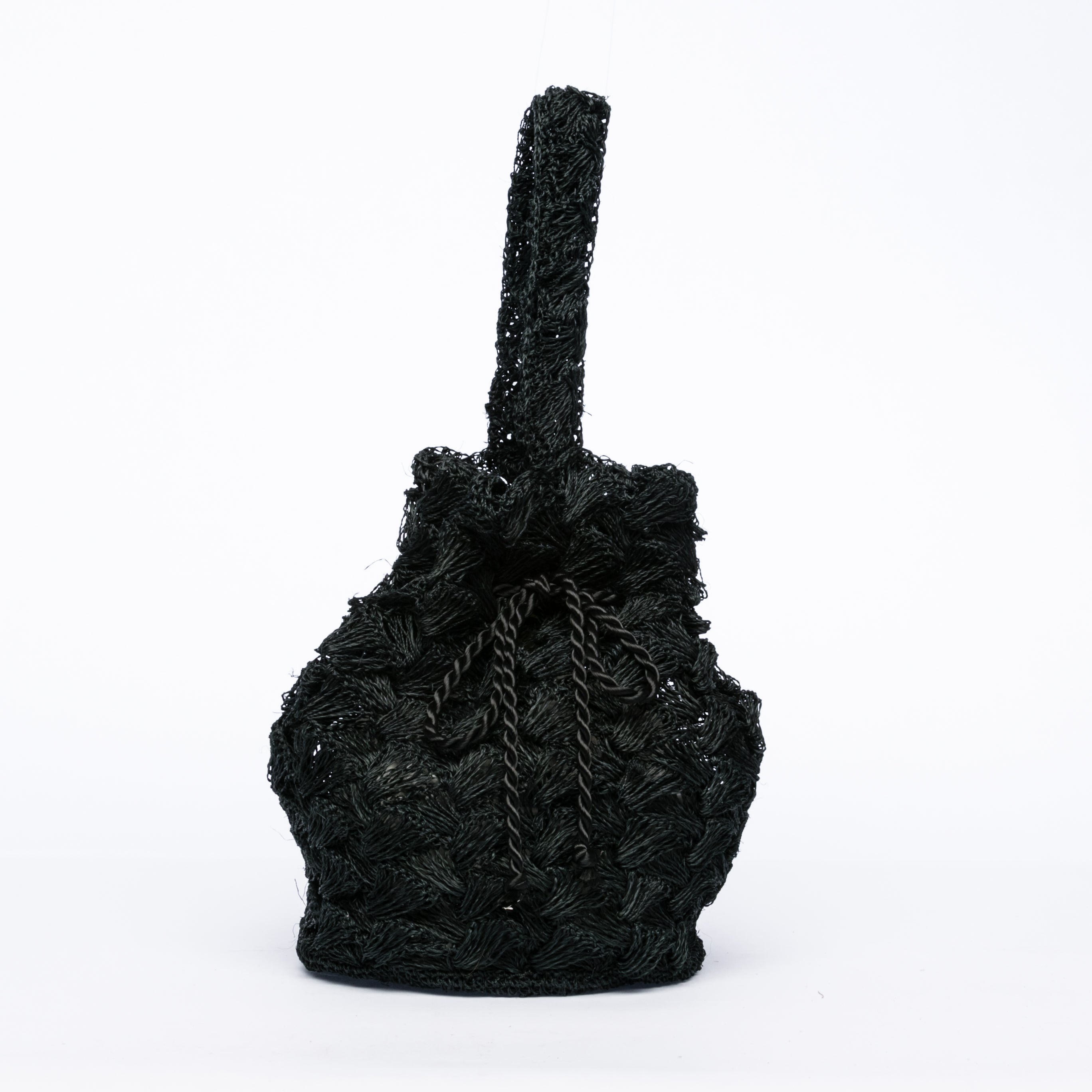 Rie Pouchette Black wristlet and shoulder bag, handcrafted from sustainable abaca plant fiber with delicate crochet detailing and adjustable leather strap for versatile use.