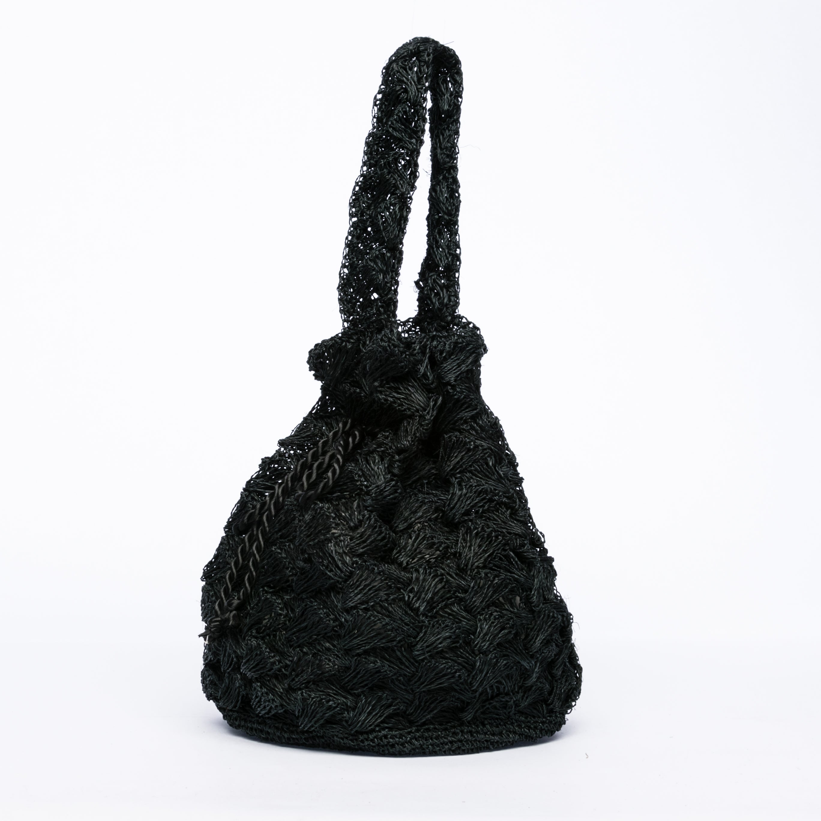 Rie Pouchette Black wristlet and shoulder bag, handcrafted from sustainable abaca plant fiber with delicate crochet detailing and adjustable leather strap for versatile use.