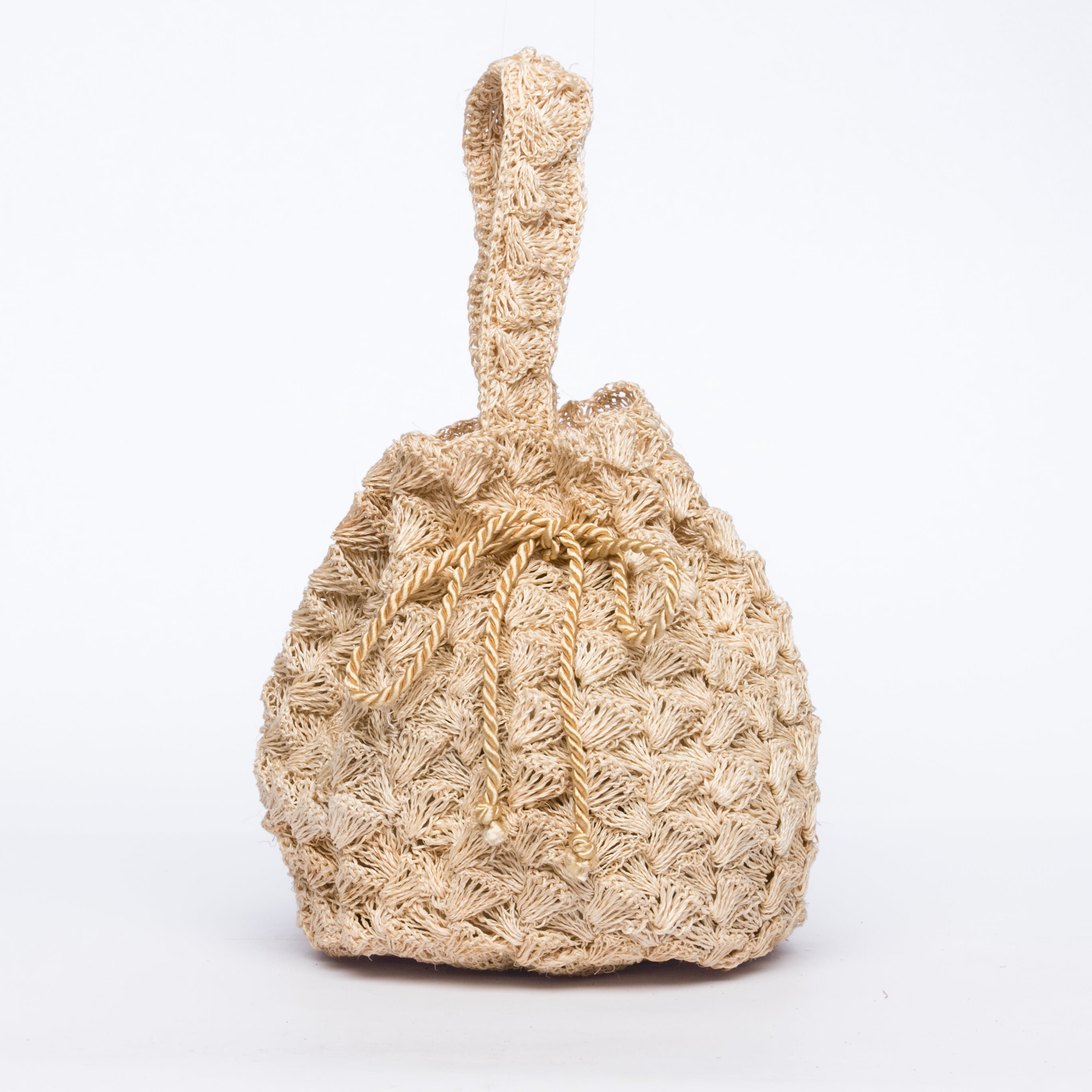 Rie Pouchette wristlet and shoulder bag, handcrafted from sustainable abaca plant fiber with delicate crochet detailing and adjustable leather strap for versatile use.