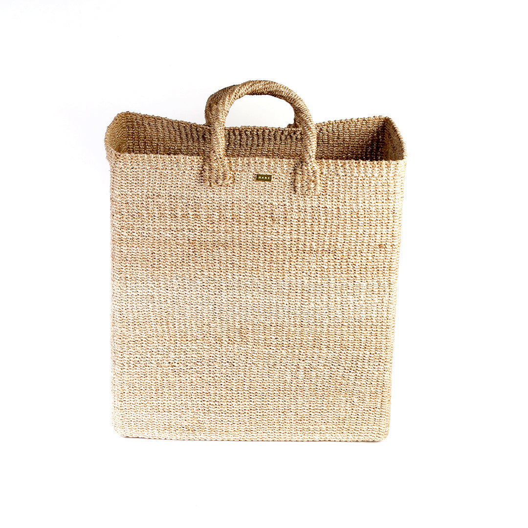 Serene Rectangle Storage basket, handcrafted from natural plant fibers, dimensions 17" Length x 10" Width x 19" Height. Ideal for storing laundry, sports equipment, and seasonal items.