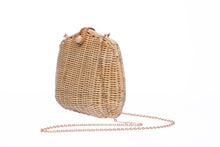 Load image into Gallery viewer, Stephanie Wicker Clutch made from handwoven rattan with a removable brass chain strap, perfect for day or night wear.

