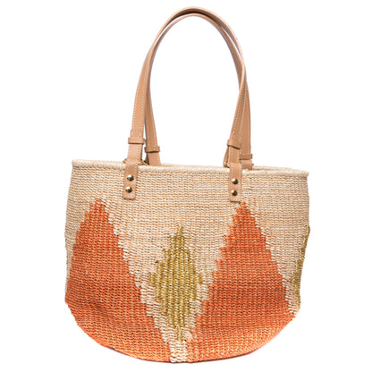 Sunrise Rae Tote, made from natural plant fibers and gold-colored polyester cord, with cow leather handles for durability and style.