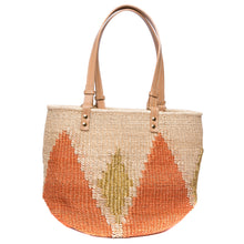 Load image into Gallery viewer, Sunrise Rae Tote, made from natural plant fibers and gold-colored polyester cord, with cow leather handles for durability and style.
