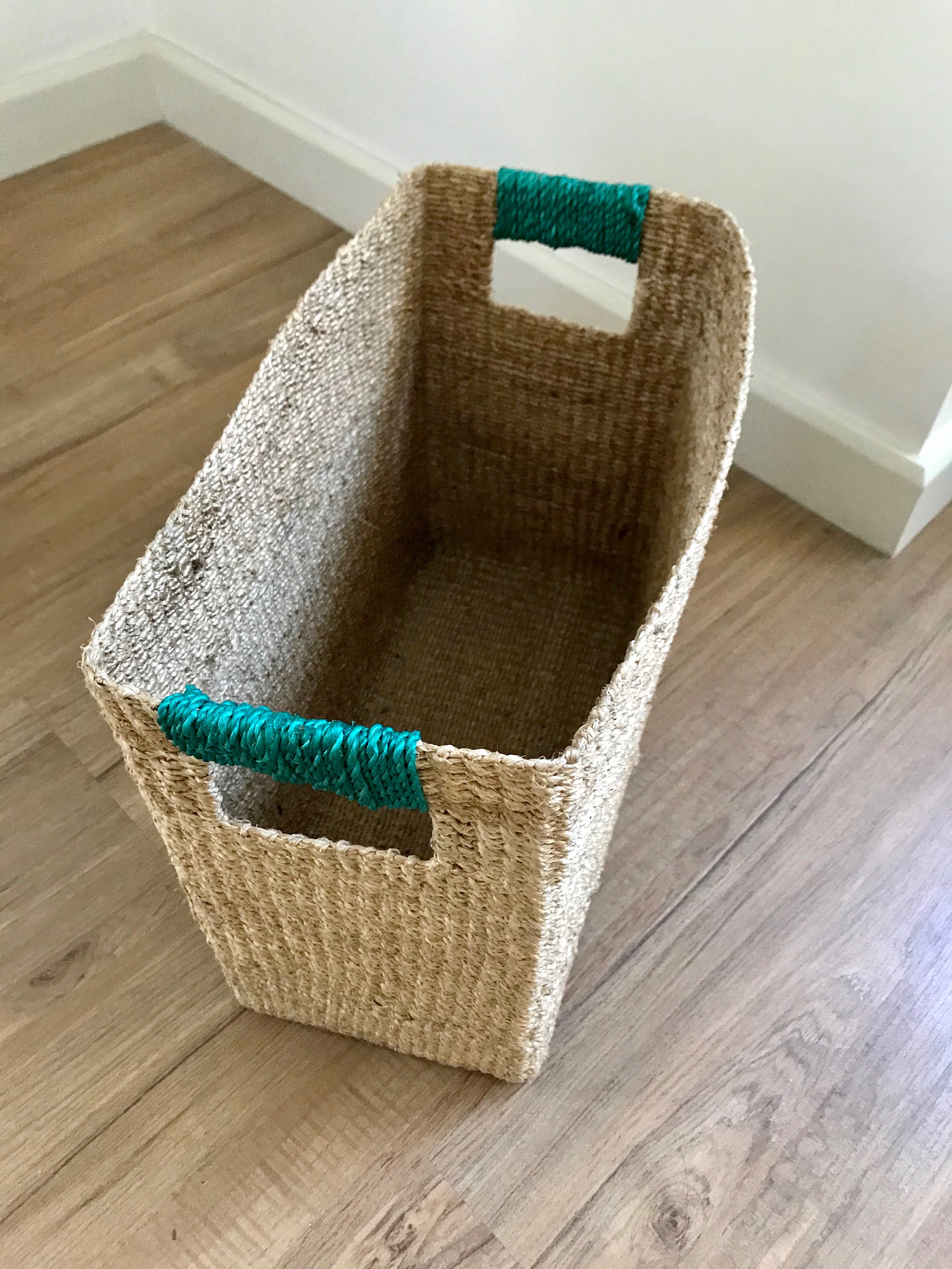 Alex Rectangle Basket, handwoven from 100% natural plant fiber, ideal for organizing kitchens, living rooms, bedrooms, and bathrooms.