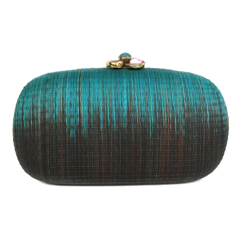 Turquoise Dream Oval Hard Case Purse made from handwoven Buri fiber, adorned with agate stones and brass accents, with a versatile drop-in brass chain for carrying as a clutch or shoulder bag.