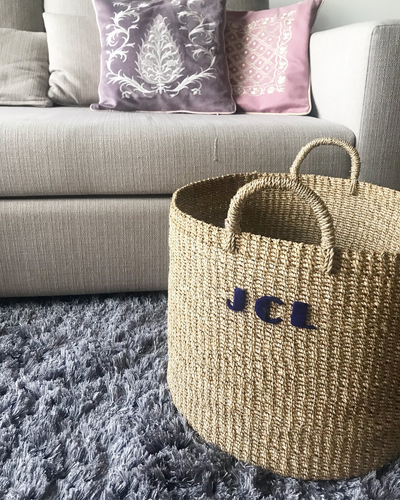 Personalized home and handbag items with 2 to 3 letter monogram, showcasing sustainable, artisanal craftsmanship.